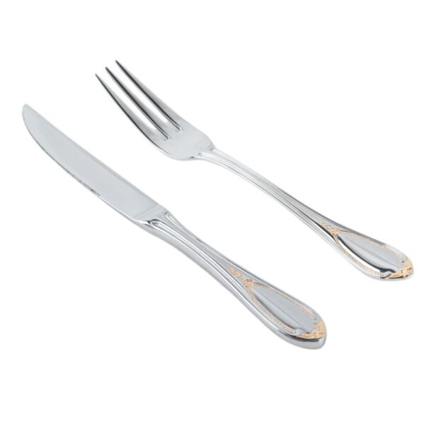 Cubiertos de Carne Glamour  7000  (12 Piezas) Acero Inoxidable con Detalles en Oro 23-24K, 6 Cuchillos + 6 Tenedores, Apto para lavavajillas