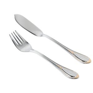 Cubertería de Pescado Glamour  7000  (12 Piezas) Acero Inoxidable con Detalles en Oro 23-24K, 6 Cuchillos y 6 Tenedores, Apta para lavavajillas