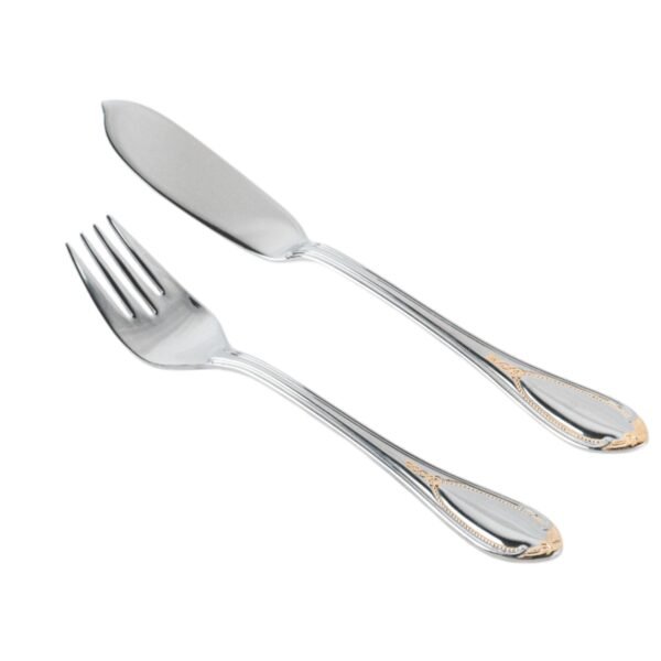 Cubertería de Pescado Glamour  7000  (12 Piezas) Acero Inoxidable con Detalles en Oro 23-24K, 6 Cuchillos y 6 Tenedores, Apta para lavavajillas