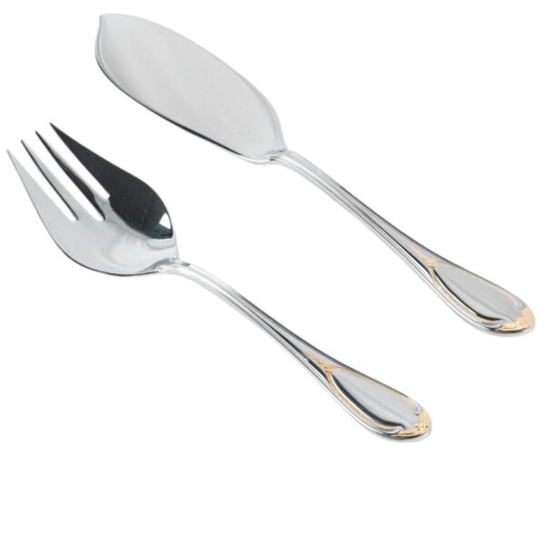 Juego de Servir Pescado Glamour 7000  (2 Piezas), Tenedor y Cuchillo de Pescado, Acero Inoxidable con Detalles en Oro 23-24K, Apto para lavavajillas