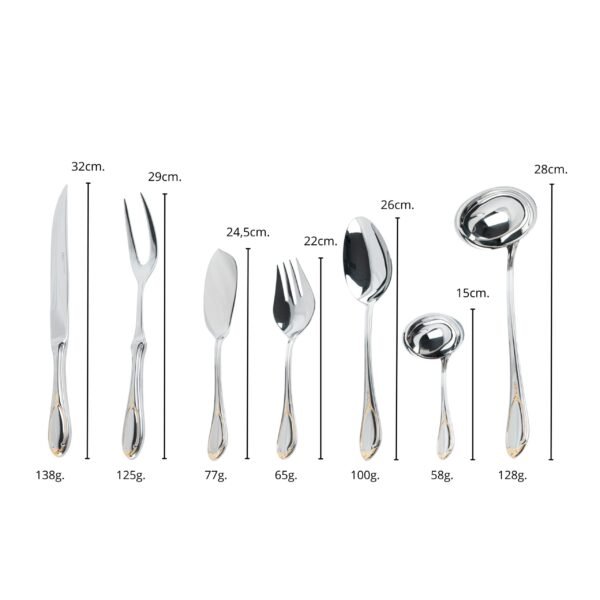 10-scaled-1.jpg Juego de Servir Carne y trinchar Glamour (2 Piezas) Cuchillo y Tenedor Trinchero, Acero Inoxidable con Detalles en Oro 23-24K, Apto para lavavajillas