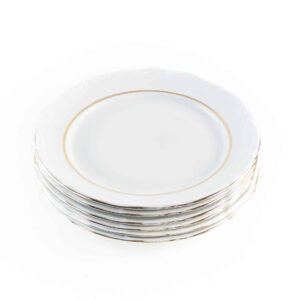 10RHEIN_6LLANOS.jpg juego de 6 platos llanos modelo RHEIN 24cm porcelana blanca con filo de oro marca crc