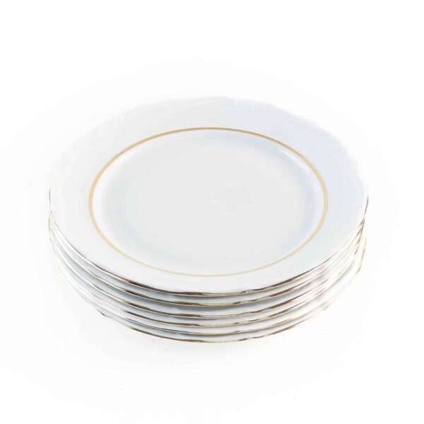 juego de 6 platos llanos modelo RHEIN 24cm porcelana blanca con filo de oro marca crc