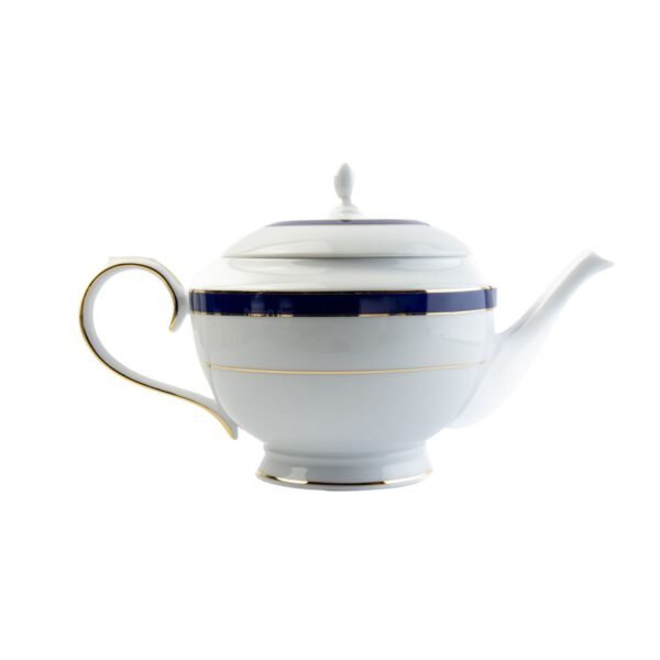 Juego de té de porcelana blanca con filo de oro y azul cobalto (27 piezas) Royal Blue, 12 tazas de té, 12 platillos para tazas, 1 tetera, 1 lechera, 1 azucarero