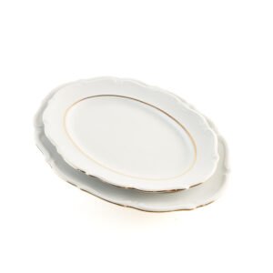 RHEIN Juego de 2 Fuentes Ovaladas para Servir, Porcelana Blanca con Borde Dorado – 33×22 cm para Sushi, Entradas, Canapés o Postres – Elegantes para Buffet, Eventos y Fiestas