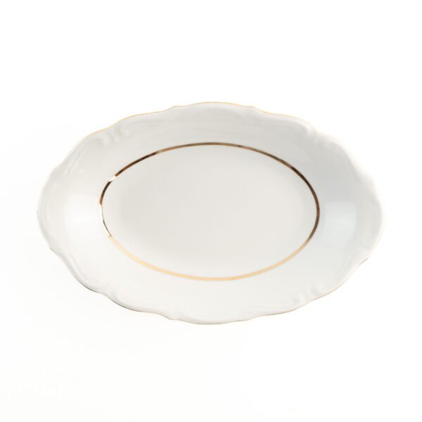 11_RHEIN_2-RABANERAS.jpg Fuentes para Guarnición Rabaneras Porcelana Blanca 23 cm, (2 Piezas) Rhein Borde Dorado, Ideales para Salsas, Ensaladas, Postres o como Rabaneras, Fácil Limpieza y Elegantes