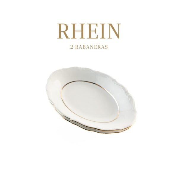 12_RHEIN_2-RABANERAS.jpg Fuentes para Guarnición Rabaneras Porcelana Blanca 23 cm, (2 Piezas) Rhein Borde Dorado, Ideales para Salsas, Ensaladas, Postres o como Rabaneras, Fácil Limpieza y Elegantes