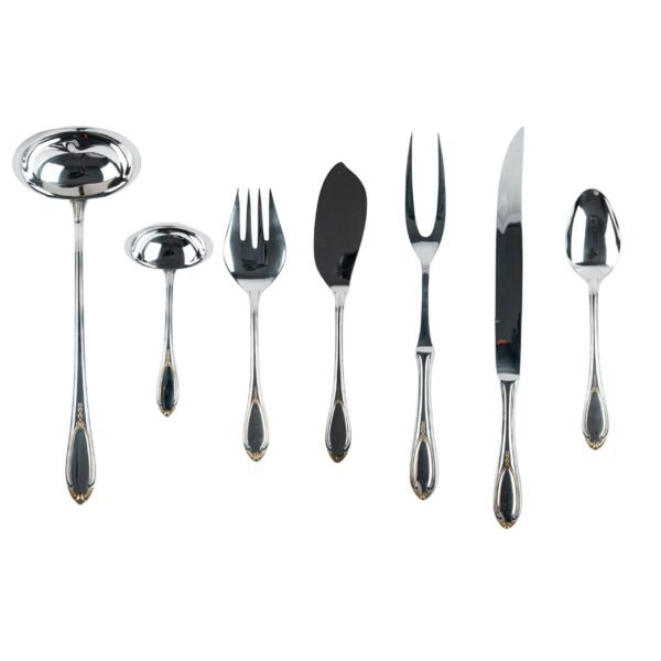 Juego de Servir Glamour  7000  (3 Piezas) Cazo Sopero, Cuchara de Servir y Cazo para Salsa, Acero Inoxidable con Detalles en Oro 23-24K, Apto para lavavajillas