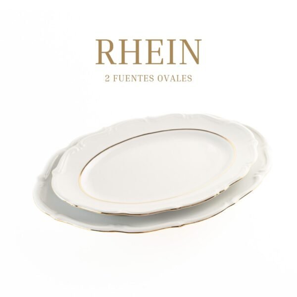 RHEIN Juego de 2 Fuentes Ovaladas para Servir, Porcelana Blanca con Borde Dorado – 33×22 cm para Sushi, Entradas, Canapés o Postres – Elegantes para Buffet, Eventos y Fiestas