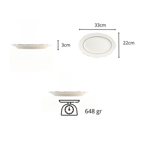 RHEIN Juego de 2 Fuentes Ovaladas para Servir, Porcelana Blanca con Borde Dorado – 33×22 cm para Sushi, Entradas, Canapés o Postres – Elegantes para Buffet, Eventos y Fiestas