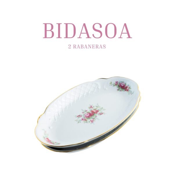16_BIDASOA_IRINA_RABANERA.jpg Juego de Rabaneras de Porcelana Blanca (2 piezas) con Diseño Floral y Filo Dorado Fuente para Guarnición, Aperitivos o Salsas .Colección Bidasoa original.