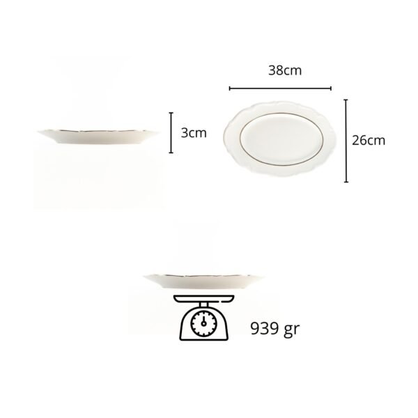 RHEIN Juego de 2 Fuentes Ovaladas para Servir, Porcelana Blanca con Borde Dorado – 33×22 cm para Sushi, Entradas, Canapés o Postres – Elegantes para Buffet, Eventos y Fiestas