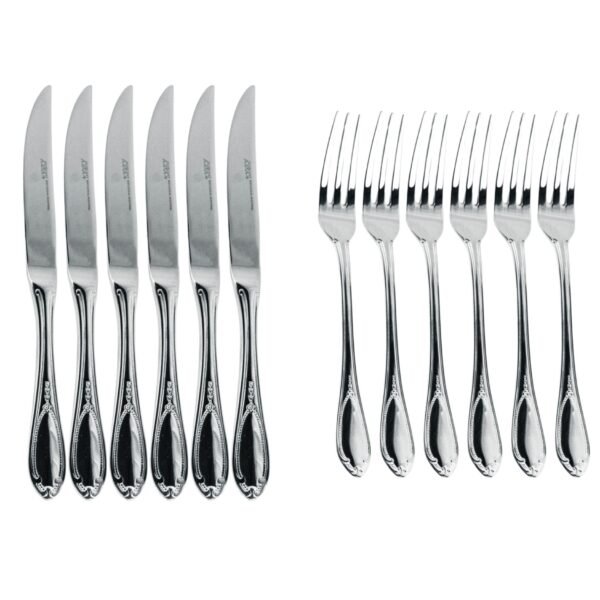 Glamour 7000  Cubiertos de Carne en Acero Inoxidable (12 Piezas) 6 Cuchillos + 6 Tenedores, Pulido Espejo, Apto para lavavajillas