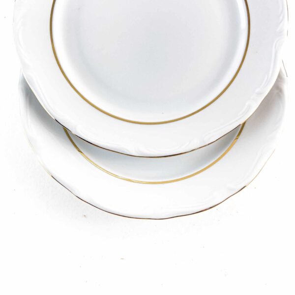 juego de 6 platos llanos modelo RHEIN 24cm porcelana blanca con filo de oro marca crc