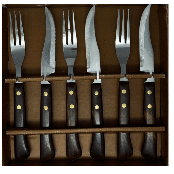 Juego de cuchillos chuleteros y tenedores para carne (6 Piezas) Timber Steel Cutlery, set de madera, 3 tenedores y 3 cuchillos