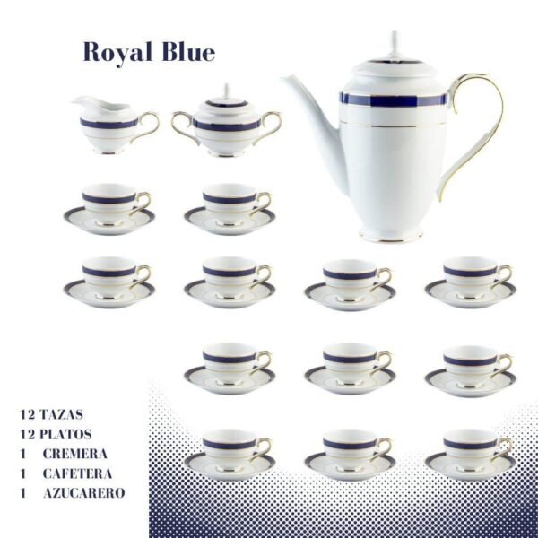 2-15.jpg Juego de café de porcelana blanca con filo de oro y azul cobalto (27 piezas) Royal Blue, 12 tazas de café, 12 platillos para tazas, 1 azucarero, 1 cafetera, 1 cremera, diseño clásico