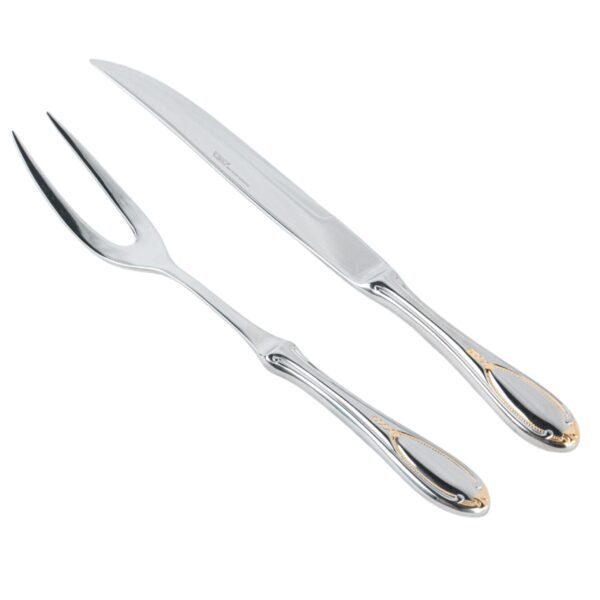 2-2-scaled-1.jpg Juego de Servir Carne y trinchar Glamour (2 Piezas) Cuchillo y Tenedor Trinchero, Acero Inoxidable con Detalles en Oro 23-24K, Apto para lavavajillas