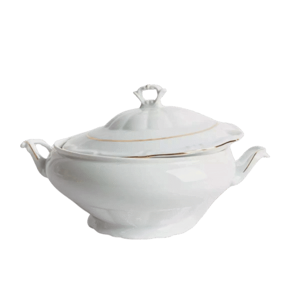 Sopera de porcelana blanca (3 l) Rhein, 1 tapa de porcelana, filo de oro
