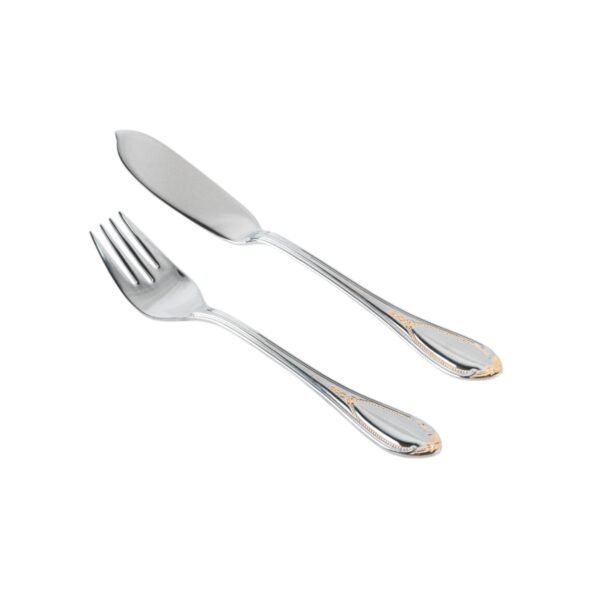 Cubertería de Pescado Glamour  7000  (12 Piezas) Acero Inoxidable con Detalles en Oro 23-24K, 6 Cuchillos y 6 Tenedores, Apta para lavavajillas