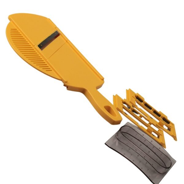 2-8.jpg CRC Rallador Mandolina Circus, 3 cuchillas intercambiables de acero inoxidable con lámina escurridora y protector de mano, 28 x 14 cm, amarillo