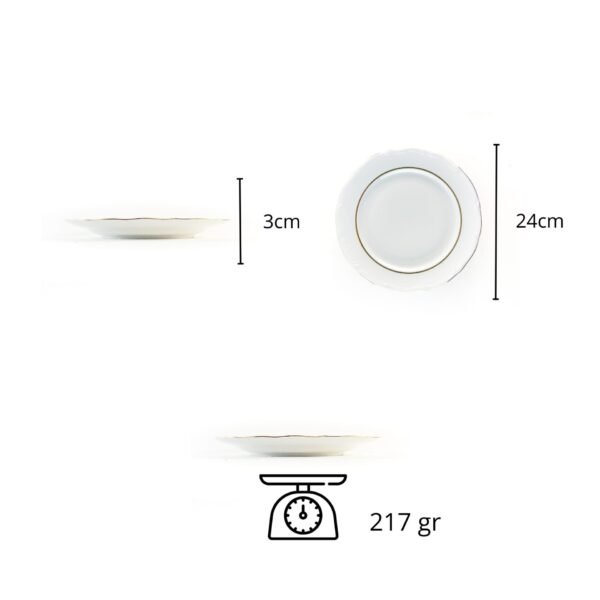juego de 6 platos llanos modelo RHEIN 24cm porcelana blanca con filo de oro marca crc