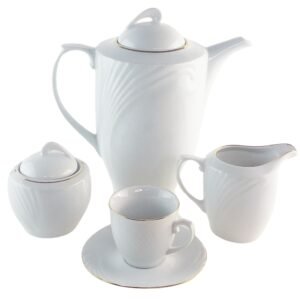 2-BANDEJAS-OVALES.jpg Juego de café de porcelana blanca Lubeck R, 27 piezas con filo dorado, 12 tazas y 12 platillos, cafetera, azucarero y lechera, apto lavavajillas