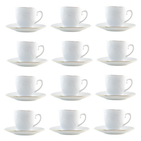 2-BANDEJAS-OVALES-4.jpg Juego de café de porcelana blanca Lubeck R, 27 piezas con filo dorado, 12 tazas y 12 platillos, cafetera, azucarero y lechera, apto lavavajillas