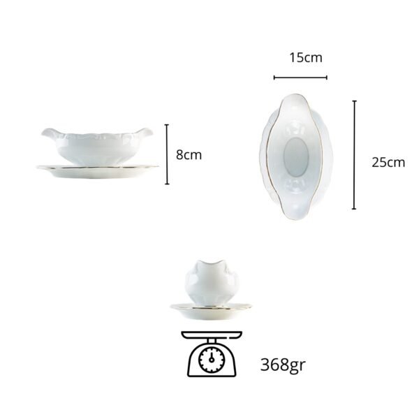 Salsera de Porcelana Blanca (1 pieza) Rhein con Filo Dorado, Vajilla Elegante, Servir en Mesa y Regalo Especial