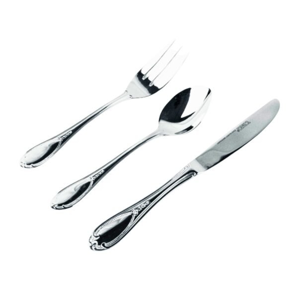 Glamour 7000  Cubertería de Postre en Acero Inoxidable Decoradas en Oro (18 Piezas) 6 Cucharas, 6 Tenedores, 6 Cuchillos, Apta para lavavajillas