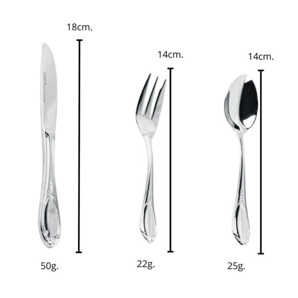 Glamour 7000  Cubertería de Postre en Acero Inoxidable Decoradas en Oro (18 Piezas) 6 Cucharas, 6 Tenedores, 6 Cuchillos, Apta para lavavajillas