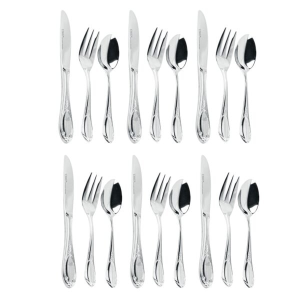 Glamour 7000  Cubertería de Postre en Acero Inoxidable Decoradas en Oro (18 Piezas) 6 Cucharas, 6 Tenedores, 6 Cuchillos, Apta para lavavajillas