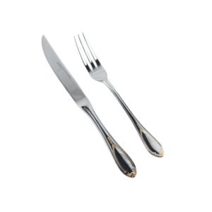 Cubiertos de Carne Glamour  7000  (12 Piezas) Acero Inoxidable con Detalles en Oro 23-24K, 6 Cuchillos + 6 Tenedores, Apto para lavavajillas