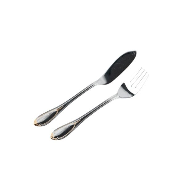 Cubertería de Pescado Glamour  7000  (12 Piezas) Acero Inoxidable con Detalles en Oro 23-24K, 6 Cuchillos y 6 Tenedores, Apta para lavavajillas