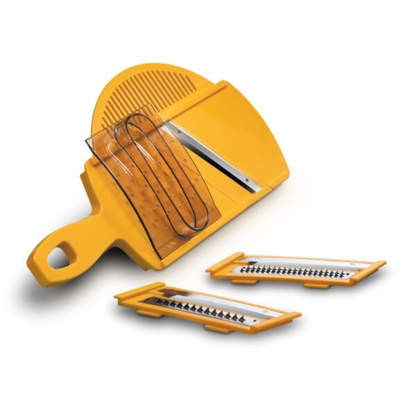 3-5.jpg CRC Rallador Mandolina Circus, 3 cuchillas intercambiables de acero inoxidable con lámina escurridora y protector de mano, 28 x 14 cm, amarillo