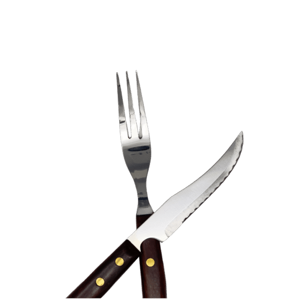 Juego de cuchillos chuleteros y tenedores para carne (6 Piezas) Timber Steel Cutlery, set de madera, 3 tenedores y 3 cuchillos