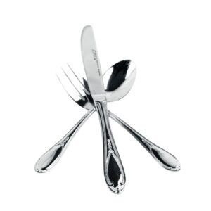 Glamour 7000  Cubertería de Postre en Acero Inoxidable Decoradas en Oro (18 Piezas) 6 Cucharas, 6 Tenedores, 6 Cuchillos, Apta para lavavajillas