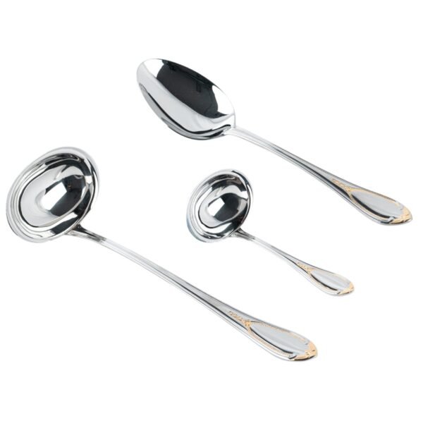 Juego de Servir Glamour  7000  (3 Piezas) Cazo Sopero, Cuchara de Servir y Cazo para Salsa, Acero Inoxidable con Detalles en Oro 23-24K, Apto para lavavajillas