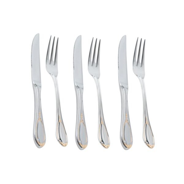 Cubiertos de Carne Glamour  7000  (12 Piezas) Acero Inoxidable con Detalles en Oro 23-24K, 6 Cuchillos + 6 Tenedores, Apto para lavavajillas