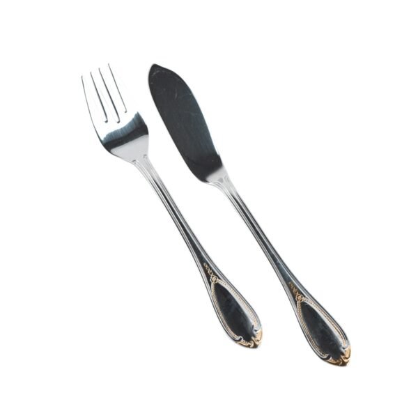 Cubertería de Pescado Glamour  7000  (12 Piezas) Acero Inoxidable con Detalles en Oro 23-24K, 6 Cuchillos y 6 Tenedores, Apta para lavavajillas