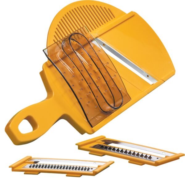 4-6.jpg CRC Rallador Mandolina Circus, 3 cuchillas intercambiables de acero inoxidable con lámina escurridora y protector de mano, 28 x 14 cm, amarillo