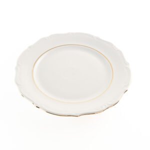 4_RHEIN_FUENTE-REDONDA.jpg Fuente de Porcelana Blanca (1 Pieza) Rhein Plato presentación de 32 cm con Borde de Oro – Ideal para Postres, Tartas, Sushi o como Base para Ensaladera – Diseño de Lujo