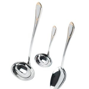 5-1-scaled-1.jpg Juego de Servir Glamour 7000 (3 Piezas) Cazo Sopero, Cuchara de Servir y Cazo para Salsa, Acero Inoxidable con Detalles en Oro 23-24K, Apto para lavavajillas