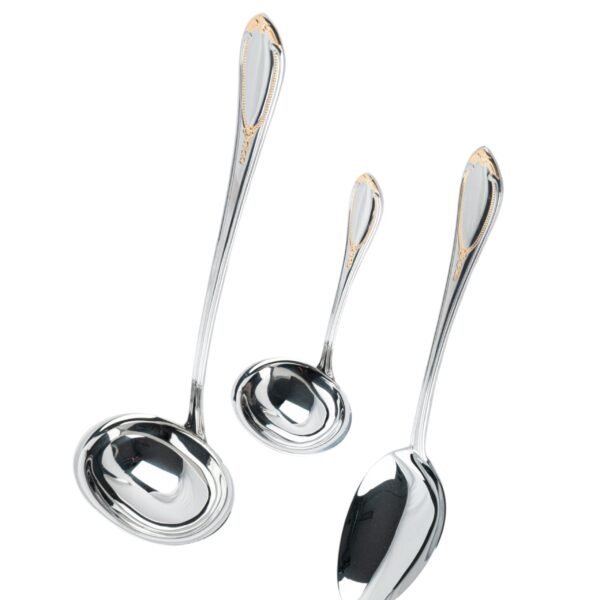 Juego de Servir Glamour  7000  (3 Piezas) Cazo Sopero, Cuchara de Servir y Cazo para Salsa, Acero Inoxidable con Detalles en Oro 23-24K, Apto para lavavajillas
