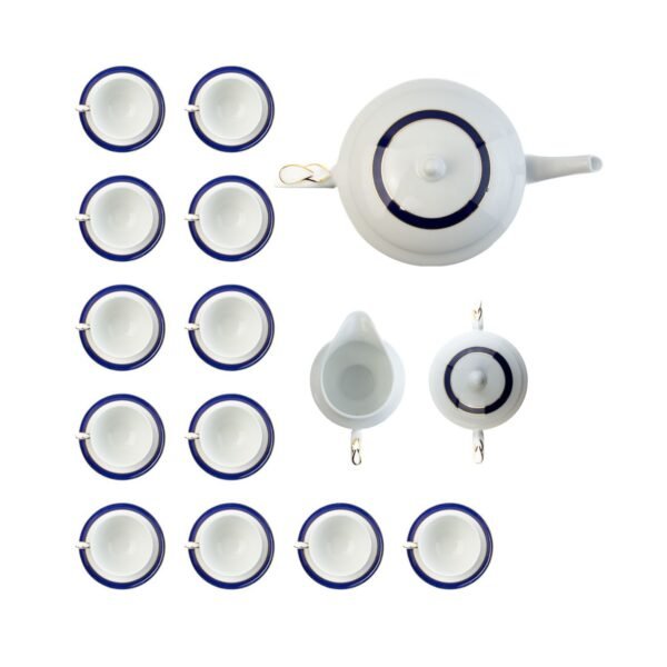 Juego de té de porcelana blanca con filo de oro y azul cobalto (27 piezas) Royal Blue, 12 tazas de té, 12 platillos para tazas, 1 tetera, 1 lechera, 1 azucarero