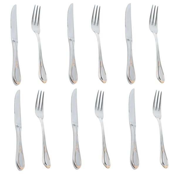 Cubiertos de Carne Glamour  7000  (12 Piezas) Acero Inoxidable con Detalles en Oro 23-24K, 6 Cuchillos + 6 Tenedores, Apto para lavavajillas