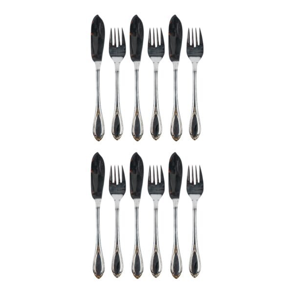 Cubertería de Pescado Glamour  7000  (12 Piezas) Acero Inoxidable con Detalles en Oro 23-24K, 6 Cuchillos y 6 Tenedores, Apta para lavavajillas