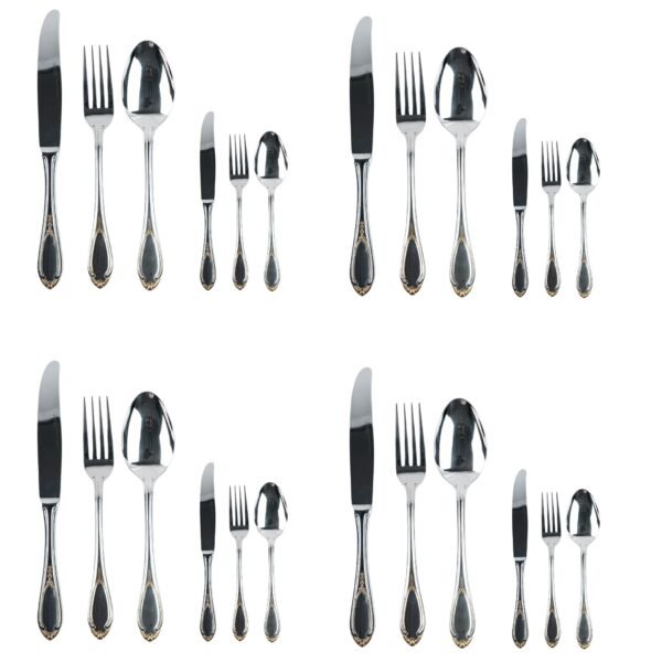 Cubertería Glamour 7000 deco (24 Piezas) Acero Inoxidable con Decoracion en Oro de 23–24K, Servicio para 4, Apta para lavavajillas