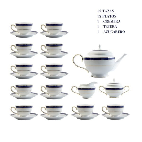 Juego de té de porcelana blanca con filo de oro y azul cobalto (27 piezas) Royal Blue, 12 tazas de té, 12 platillos para tazas, 1 tetera, 1 lechera, 1 azucarero