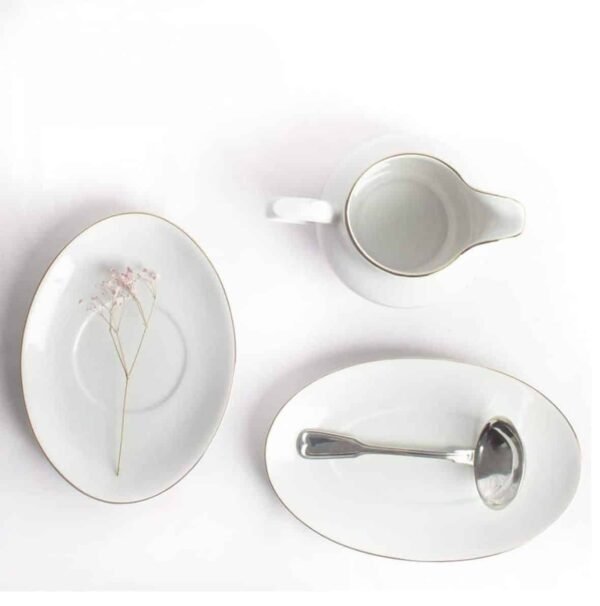 Juego de salsera de porcelana blanca de caolín y plato de apoyo (2 piezas) Bremen, 1 salsera (35 cl), 1 plato (25 x 14 cm)
