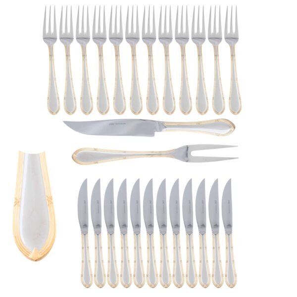 CRC Nuremberg Juego Chuletero 26 piezas, acero inoxidable con baño de oro, set de cuchillos y tenedores para carne con estuche de presentación